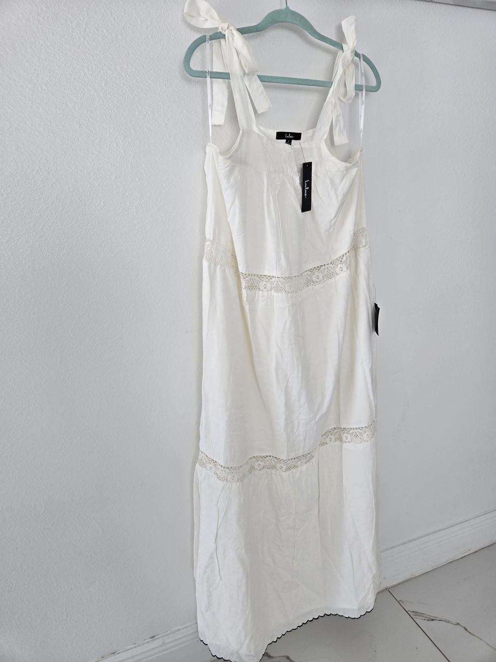 Lulu's White Tie-Shoulder Lace-Trim Maxi Dress Size S New - Picture 9 of 16